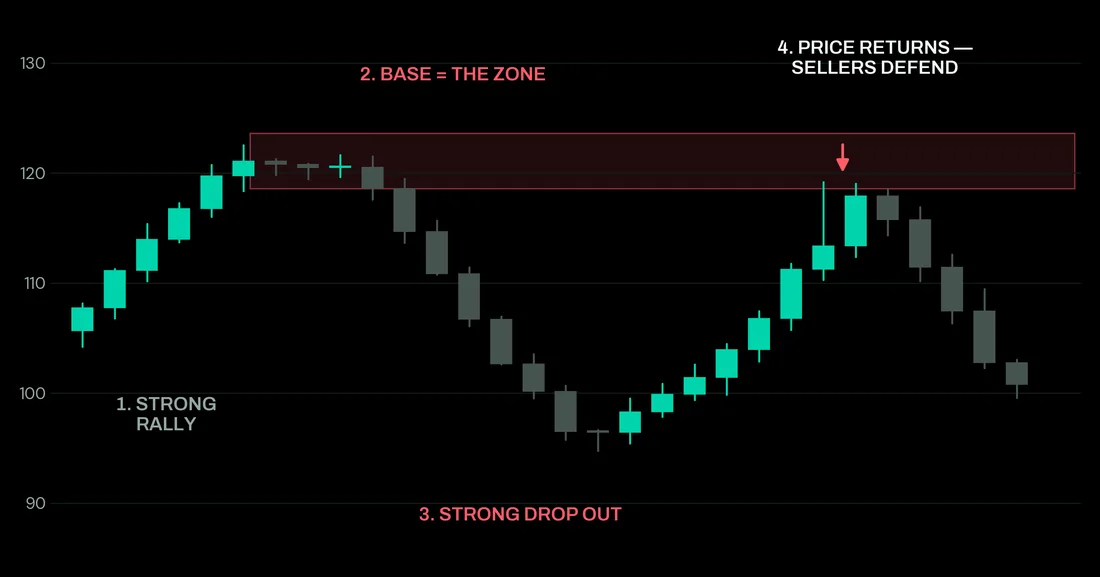Chart of a supply zone: a strong rally, a base, a sharp drop out, then price returning to the zone and being defended by sellers.